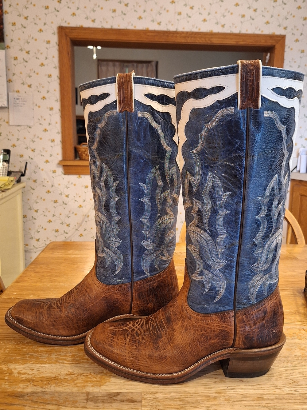 Men's BOULET Blue and Brown Western Cowboy Boots - Leather Pull-On - Picture 5 of 14